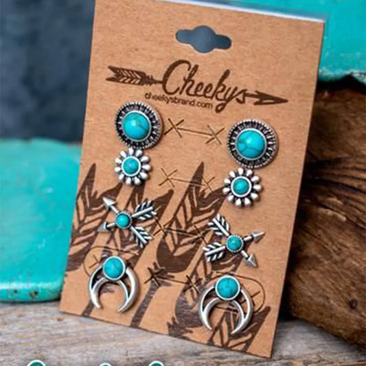 4-Piece Turquoise CONCHO Studs Earring Set - jenshomeandgardendecor