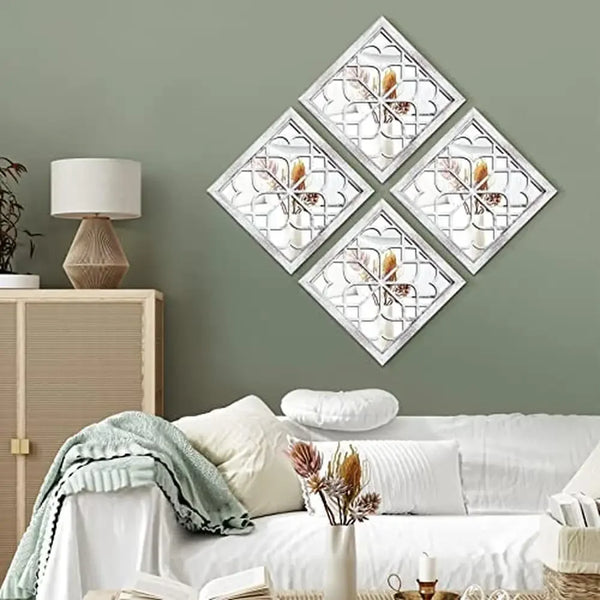 4-Pack Square White Decorative Mirrors Farmhouse Wall Decor 12x12 Inch