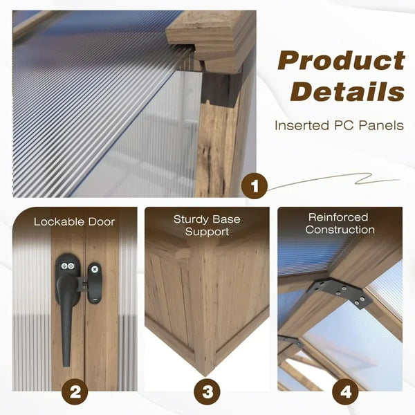 Wooden Polycarbonate Greenhouse with Ventilated Window and Lockable Door