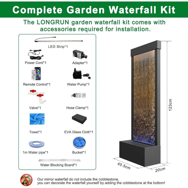 Indoor Mirror Waterfall Fountain with APP Controlled Multicolor LED Light, Floor Standing Fountains Kit, 48" Home