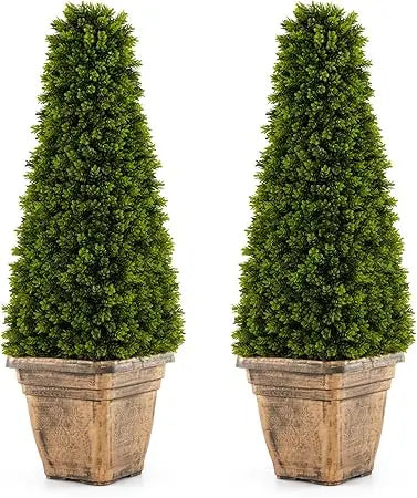 3ft Artificial Boxwood Topiary Tree, 2 Pack Cone-Shaped Faux Potted Plants with Cement Flowerpot