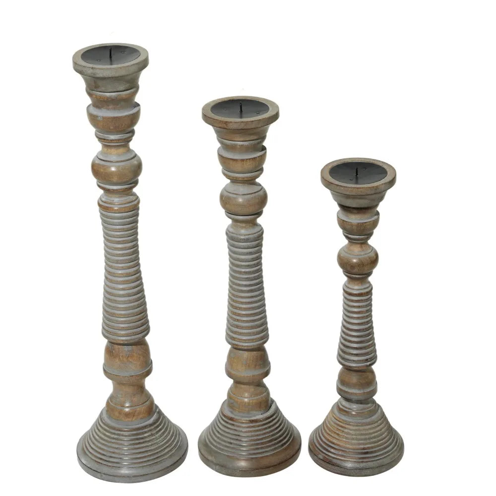 Candle Holders Set of 3 Candle Light Gray Mango Wood Handmade - jenshomeandgardendecor