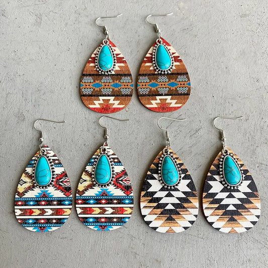 Aztec Pattern Wood Turquoise Teardrop Earrings - jenshomeandgardendecor