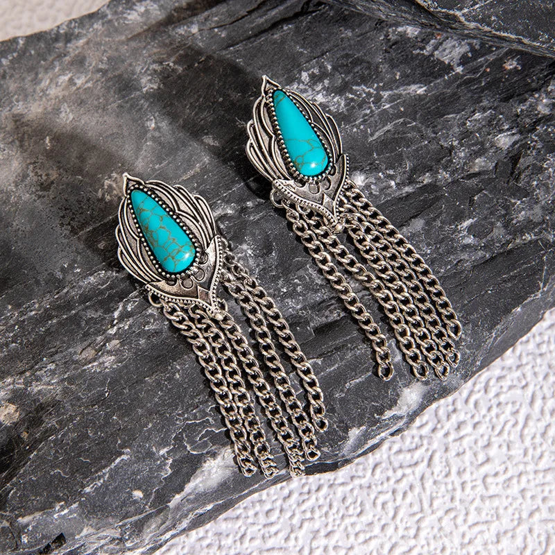 Western SilverTone Turquoise Tassel Dangle Earrings