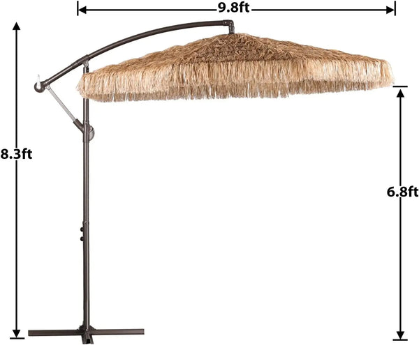 10FT Cantilever Tiki Thatch Patio Umbrella, Hand-Push Tilt Offset Umbrella for Outdoor, Poolside, Backyard, Beach