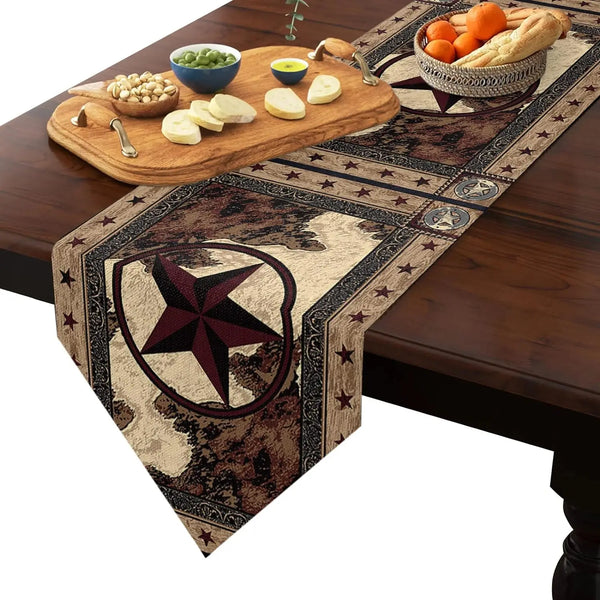 Brown Western Texas Star Linen Table Runner