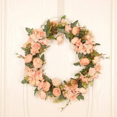 15 inch Artificial Pink Camellia Hydrangea Wreath