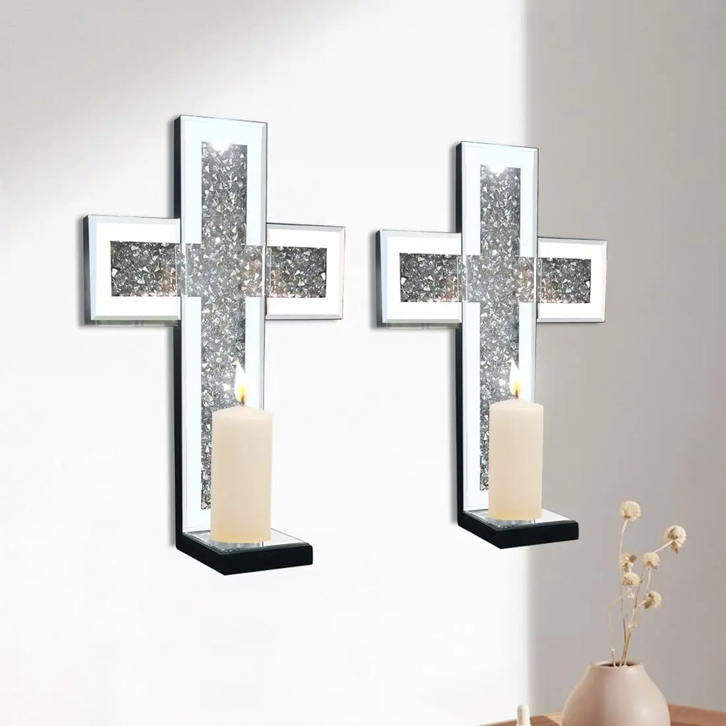 Crystal Crush Diamond Mirrored Candle Sconces, Silver Wall Candle Holder Set of 2, multiple styles available