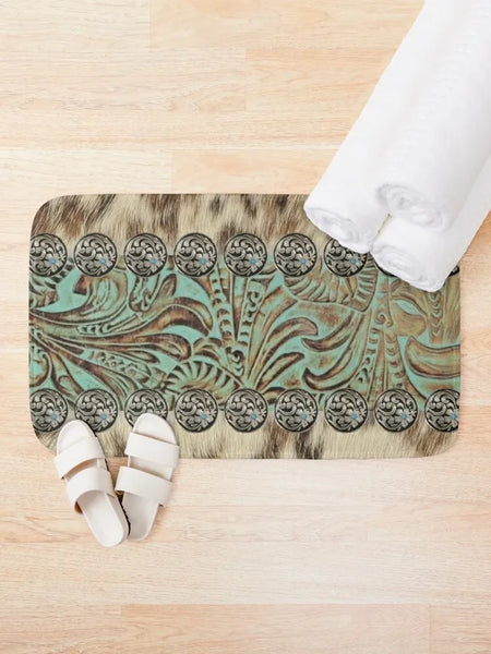 Rustic Brown and Teal Western Bath Mat