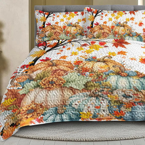 Colorful Pumpkin Oil Painting Quilt Set - 3-Piece Queen Bedding with 2 Pillowcases