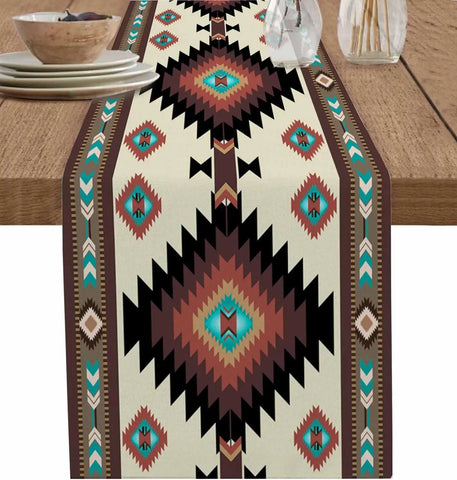 Brown Teal Southwest Linen Table Runner