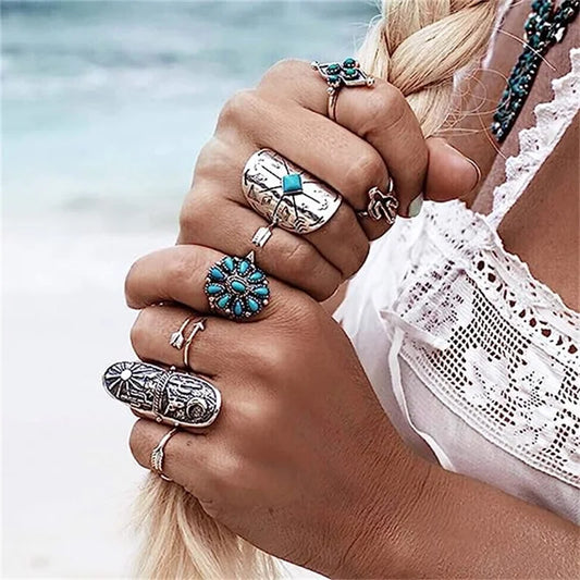 9Pcs Set Western Silver Tone Turquoise rings  Size7-9 - jenshomeandgardendecor