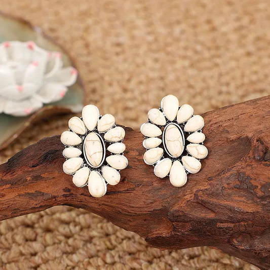 Oval Semi Stone Concho Squash Blossom Stud Earrings - jenshomeandgardendecor