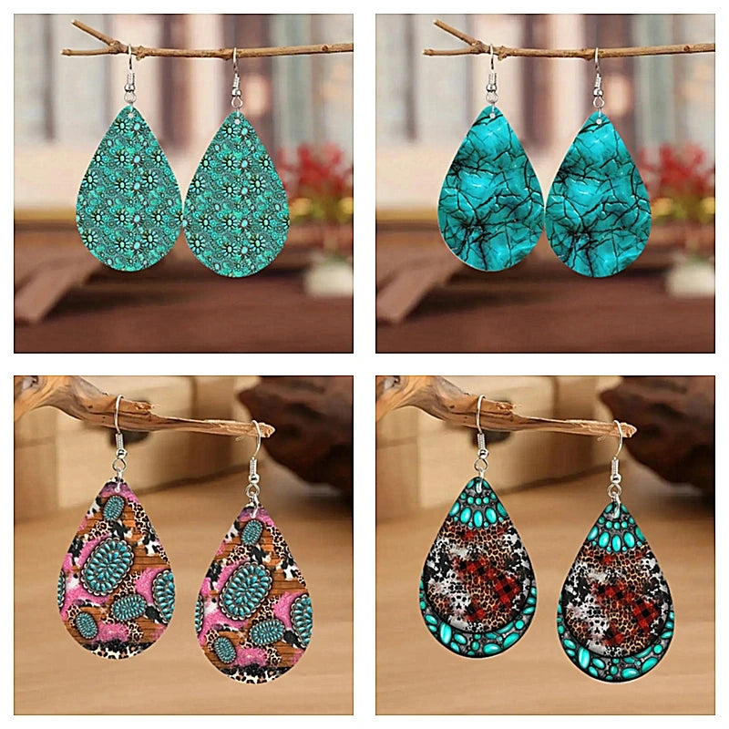 Colorful Turquoise Print Waterdrop Shaped Wooden Earrings - jenshomeandgardendecor