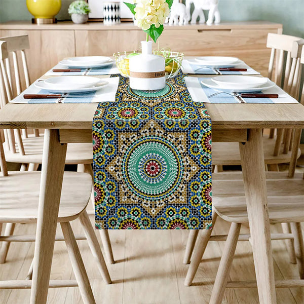 Colorful Morocco Flowers Linen Burlap Table Runner - jenshomeandgardendecor