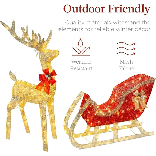 Lighted Christmas 4ft Reindeer & Sleigh Outdoor Yard Decoration Set w/ 205 LED Lights, Stakes, Zip Ties - Gold