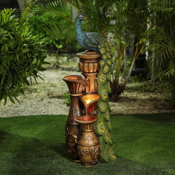 44" Resin Pedestal Peacock and Urns Garden Water Fountain Outdoor with LED Light