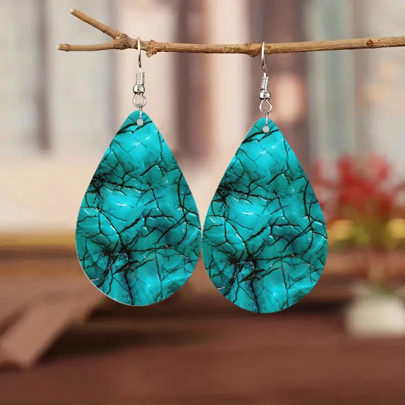 Colorful Turquoise Print Waterdrop Shaped Wooden Earrings - jenshomeandgardendecor