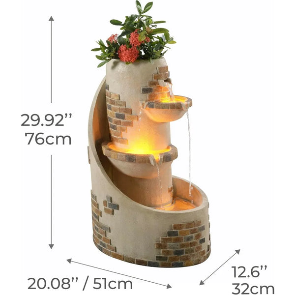 3-Tier Cascading Outdoor Water Fountains with Planter, LED Lights