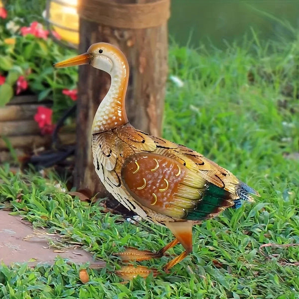 Rustic Outdoor Duck Statue, Metal Bird Yard Art