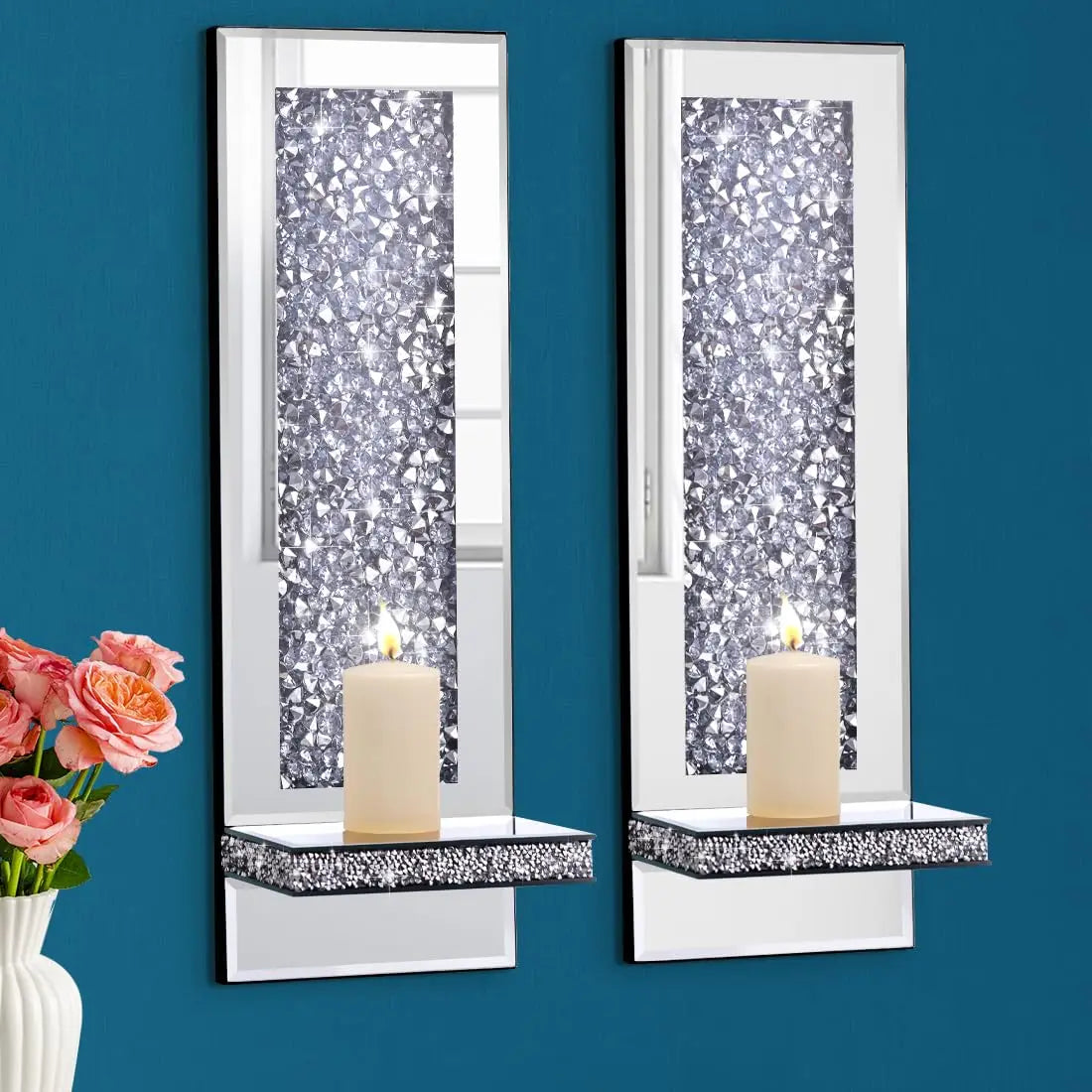 Crystal Crush Diamond Mirrored Candle Sconces, Silver Wall Candle Holder Set of 2, multiple styles available
