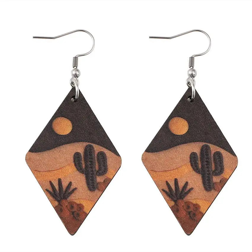 Wood Cactus Desert Scene Earrings - jenshomeandgardendecor