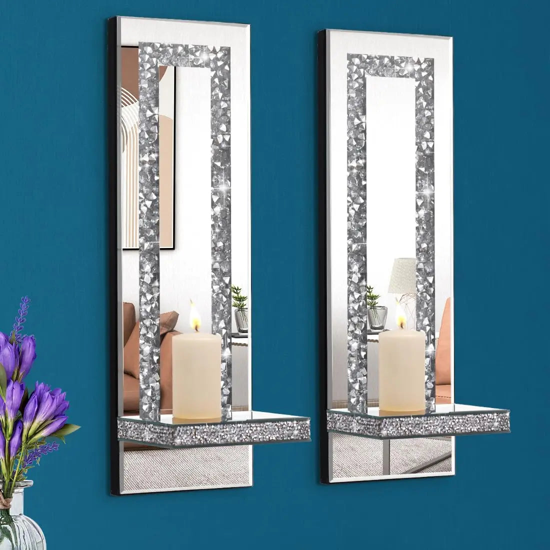 Crystal Crush Diamond Mirrored Candle Sconces, Silver Wall Candle Holder Set of 2, multiple styles available