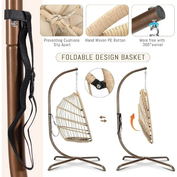 Outdoor Swing Egg Chair with Stand, 350Lbs Heavy-Duty Wicker Egg Hanging Patio Chairs W/Thick Cushion