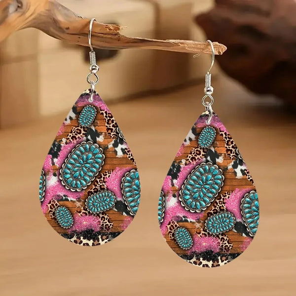 Colorful Turquoise Print Waterdrop Shaped Wooden Earrings - jenshomeandgardendecor