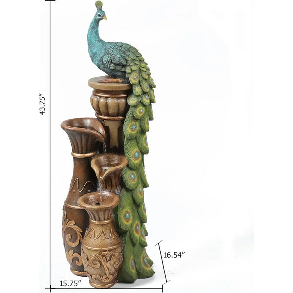 44" Resin Pedestal Peacock and Urns Garden Water Fountain Outdoor with LED Light