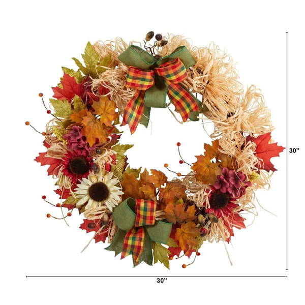 Thanksgiving  Artificial Fall Wreath With Sunflower Berries Maple Leaves - jenshomeandgardendecor