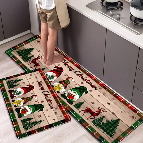 Merry Christmas Gnome Xmas Tree Pattern Kitchen Rugs