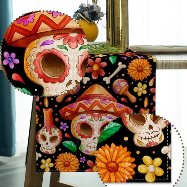 Mexican Day of The Dead Linen Table Runners