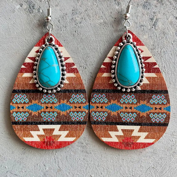 Aztec Pattern Wood Turquoise Teardrop Earrings - jenshomeandgardendecor