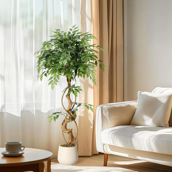 Ficus Tree Artificial, 4FT/5FT/6FT Artificial Plants Indoor in Sturdy White Pot
