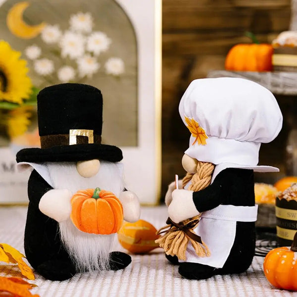 Handmade Thanksgiving Chef Gnome Dolls with Pumpkin Maple Turkey - jenshomeandgardendecor