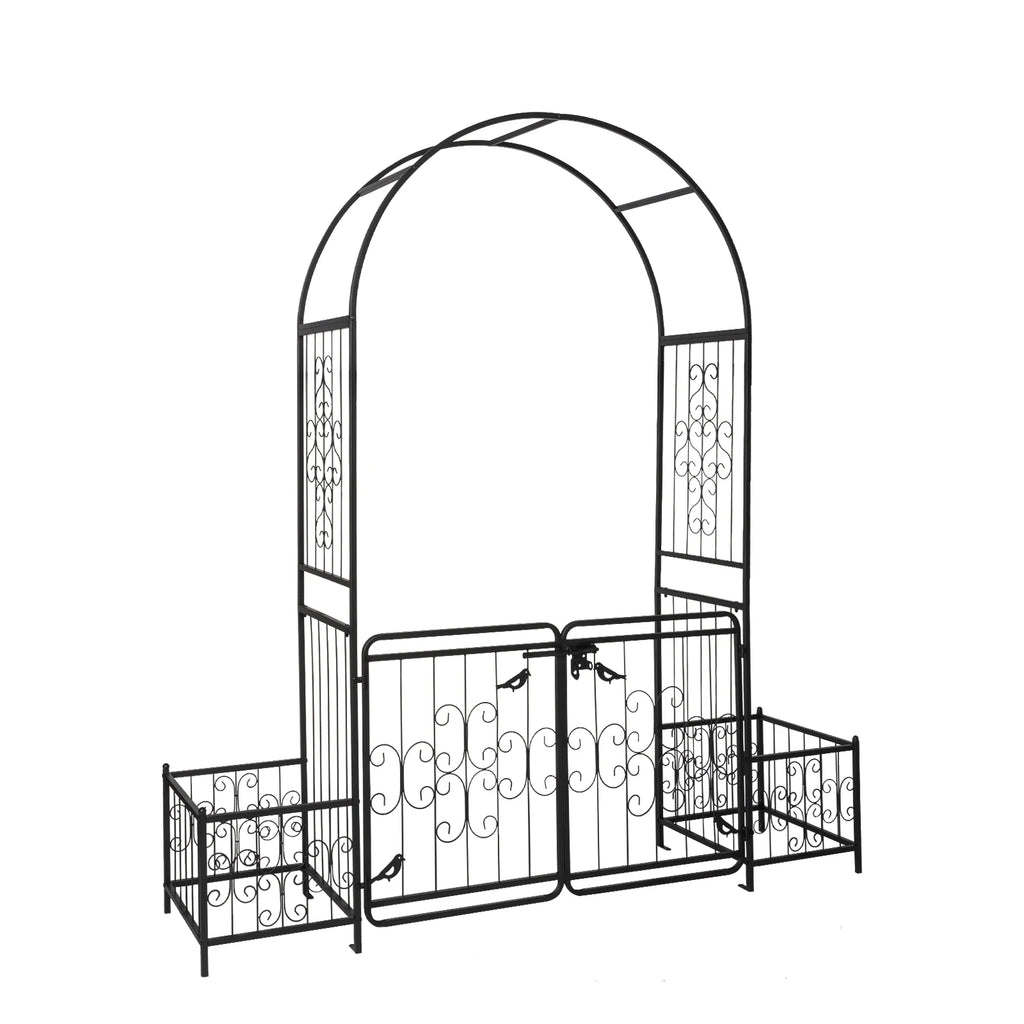 7.2ft Arc Top Wrought Iron Garden Arbor with Double Gate & Side Planting Boxes