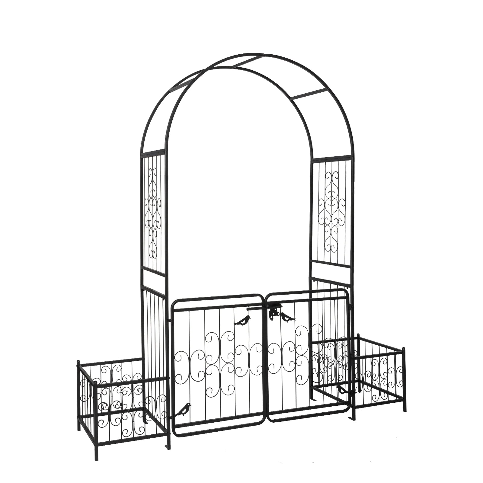 7.2ft Arc Top Wrought Iron Garden Arbor with Double Gate & Side Planting Boxes