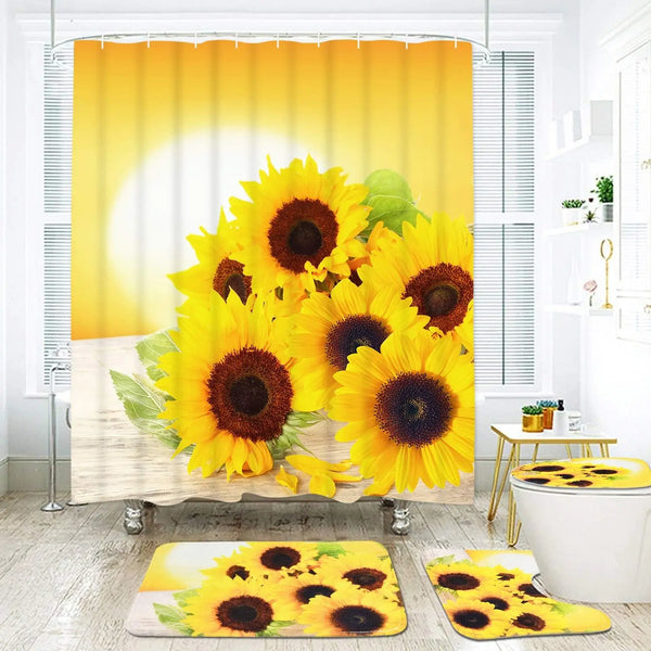 4 Pcs Yellow Sunflower Pattern Polyester Shower Curtain and Rug Sets