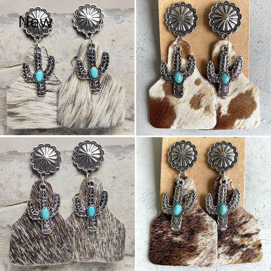 Leather Cow Tag Dangle Drop Earrings - jenshomeandgardendecor