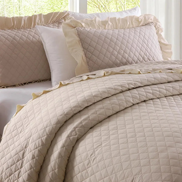 3 Piece Quilt Set Queen,Stone Washed Microfiber Bedspread Coverlet,Beige 88"x92" - jenshomeandgardendecor