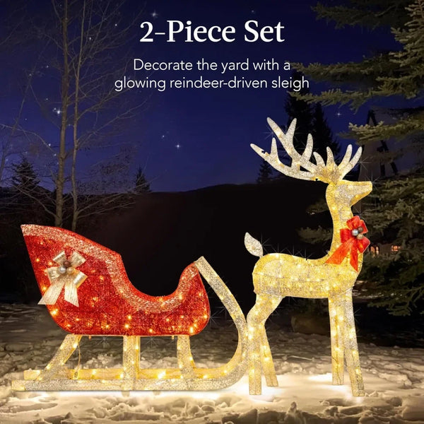 Lighted Christmas 4ft Reindeer & Sleigh Outdoor Yard Decoration Set w/ 205 LED Lights, Stakes, Zip Ties - Gold