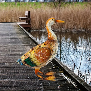 Rustic Outdoor Duck Statue, Metal Bird Yard Art