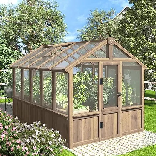 Wooden Polycarbonate Greenhouse with Ventilated Window and Lockable Door