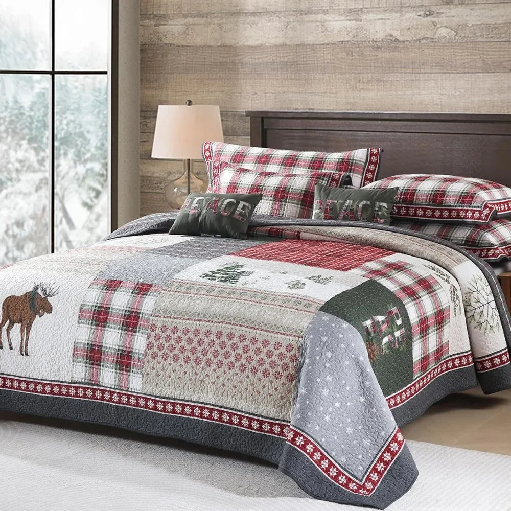 Rustic Deer Quilted Bedspread with Pillowcases for All Seasons,King,108*96 Inches - jenshomeandgardendecor