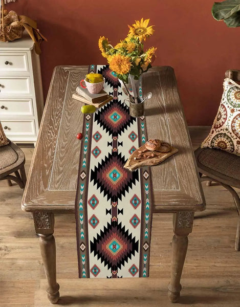 Brown Teal Southwest Linen Table Runner