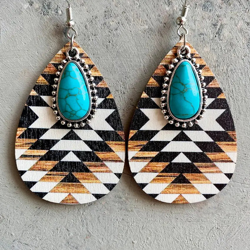 Aztec Pattern Wood Turquoise Teardrop Earrings - jenshomeandgardendecor