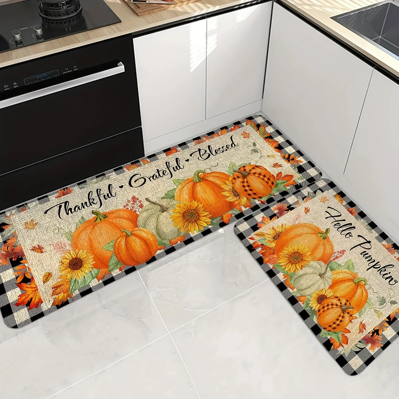 Autumn Pumpkin Maple Leaf Print Kitchen Floor Mat