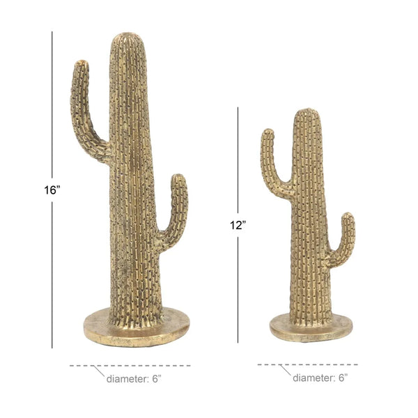 16", 12"H Gold Polystone Cactus Sculpture (2 Count) - jenshomeandgardendecor