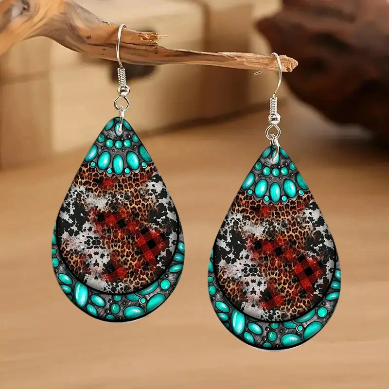 Colorful Turquoise Print Waterdrop Shaped Wooden Earrings - jenshomeandgardendecor